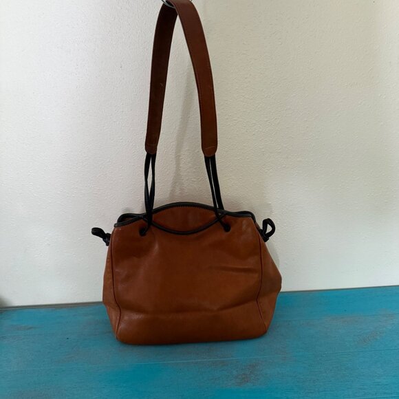 Vintage Jo Ann Page Brown Leather w/ Black Piping Shoulder Bag *Made in the USA* - Picture 1 of 10
